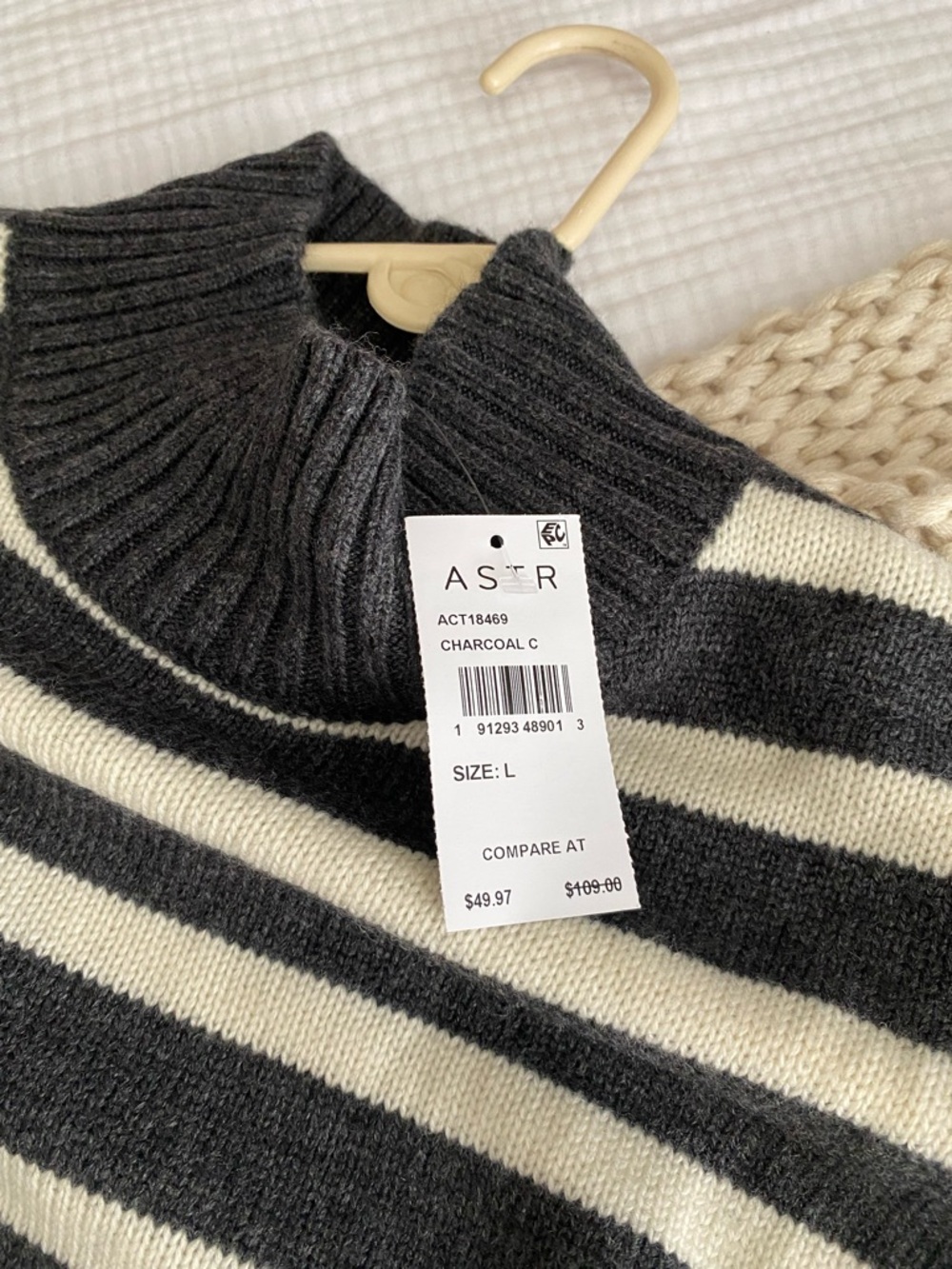Astr Striped Charcoal & Cream Turtleneck Sweater - Picture 4 of 7